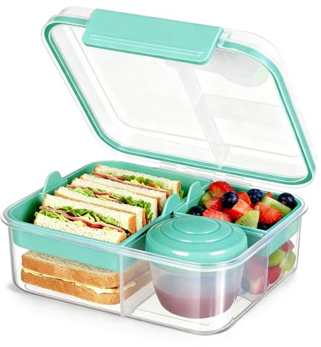 VINATO Brotdose Kinder mit Fächern, Lunchbox für Erwachsene und Kinder, Bento Box mit Tragbarem Griff, Türkis, 1.65 Liter