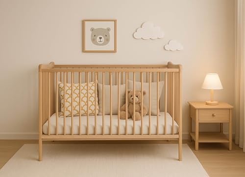 Baby Happy Bliss Grzes Babybett Kinderbett 120x60 cm, Natur, aus Buchenholz, EN 716 geprüft, Höhenverstellbarer Lattenrost, 3 Herausnehmbare Sprossen