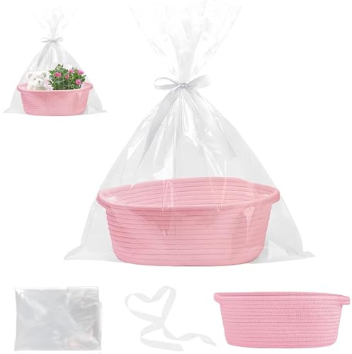 Geschenkkorb Leer, Geflochtener Präsentkorb mit Transparenten Geschenkbeuteln und Bändern, 30 x 20 x 12 cm, Geschenkkorb Leer, Für Halloween, Thanksgiving, Weihnachten, Aufbewahrung (Rosa)