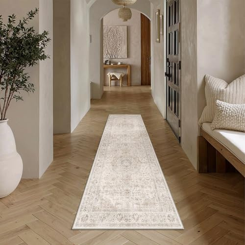 PureCozy Waschbarer Beige LäUfer Flur Teppich 60x180cm Vintage Teppiche | Weich Kurzflor Carpet, Rutschfest, Küche, Bettvorleger,Eingangsbereich, Schlafzimmer, Esszimmer