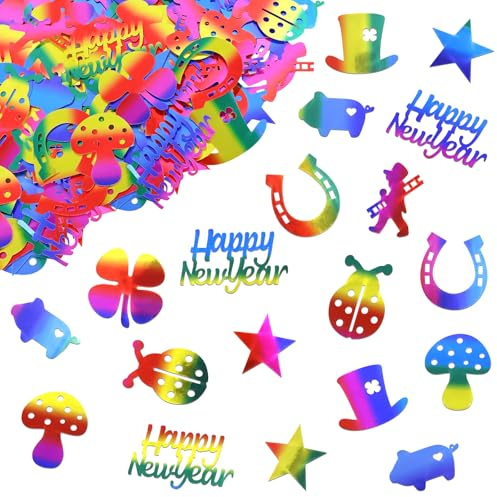 Whimzey Originell Personalisiert Silvester Deko 2026 Happy New Year Konfetti,100× Glitzer Streudeko Silvester Tischdeko,Happy New Year Deko Bunt,Neujahrsdeko,Silvesterdeko,Tischdeko Neujahr Party Deco
