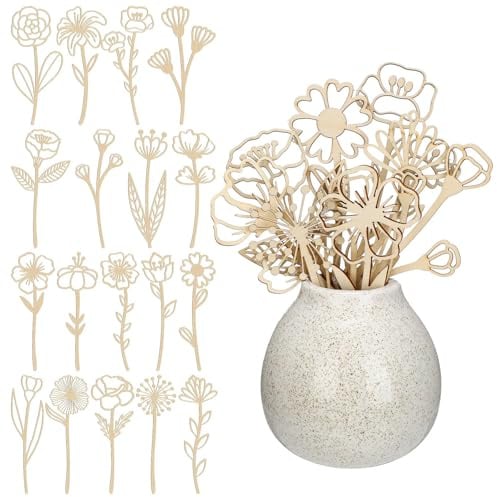 Holzblumen Deko, Set mit 18 Holzblumen Ornamenten für Wohnungsdekoration, natürliche Blumen aus Holz für Wohnzimmer, Tischdeko und Fensterbank, skandinavische Holz Deko im Boho Stil, moderne schmücken