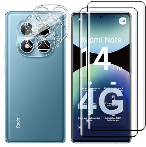 Lutree Cristal Templado para Xiaomi Redmi Note 14 Pro 4G, 2+2 Piezas 3D Protector de Pantalla + Protector de Lente de Cámara, Dureza 9H HD Sin Burbujas Vidrio Templado Película Protectora