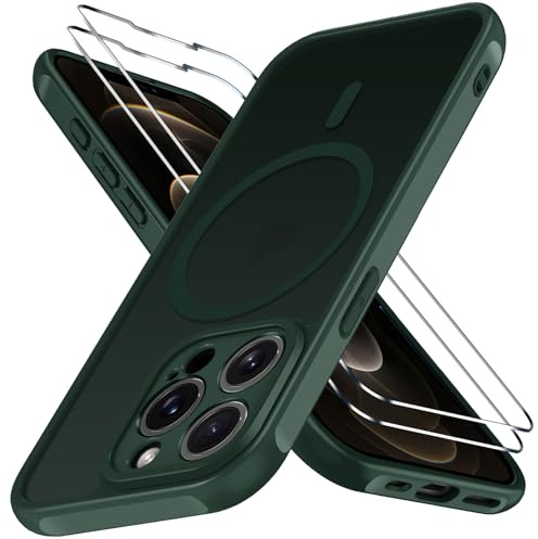 ivoler 3-in-1 Magnetic Case for iPhone 12 pro max with 2 Pack Screen Protector,Compatible with MagSafe,Shockproof Cover,Slim Translucent Matte-Dark Green