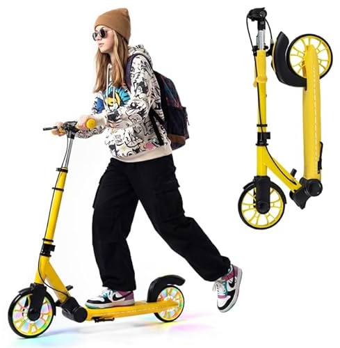 GOPLUS Cityroller für Erwachsene & Jugendliche, höhenverstellbarer Roller, Tretroller mit Hinterradbremse & Handbremse, klappbarer Scooter mit 2 LED Rädern, Kinderroller bis 100 kg belastbar