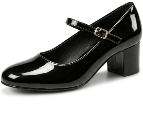 Golden Beads Women’s Elegant Mary Jane Low Mid-Block Heels Pumps Round Toe Cushioned Ankle Strap Court Shoes Work Party Shoes