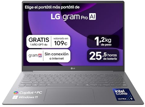 LG gram Pro 16Z90TS-G.AU99BN - Ordenador Portátil Ultraligero de 16 Intel Core Ultra 9 288V, 32 GB RAM, 1 TB SSD, IPS Antirreflejo, 1239g, 25.5h, Windows 11, Teclado QWERTY Español, Gris metalico