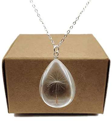 Löwenzahn Machen Einen Wunsch Pusteblume Echte Blumen Wassertropfen Tränen Glas 925 Sterling Silber Ketten Halsketten mit Anhänger Damen Handmade