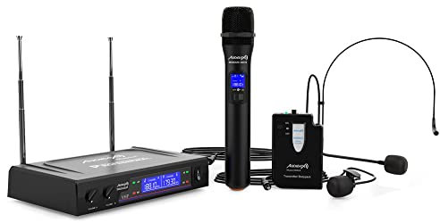 Audibax Missouri 3000 - Sistema Microfonico Wireless VHF Doppio Lavalier - Microfoni Wireless ad Archetto - Sistema con Indicatori RF/AF - Connettori di Uscita XLR e Ausiliaria