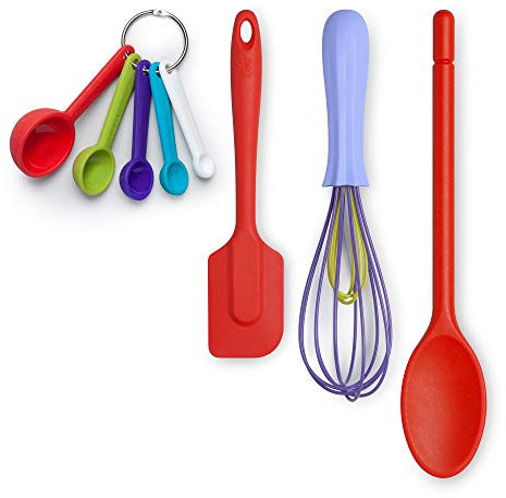 Zeal JSET41R Non-Stick Silicone Spatula, Whisk, Traditional Measuring Spoons 4-Piece Baking Set, Red/Purple/Bright Mix