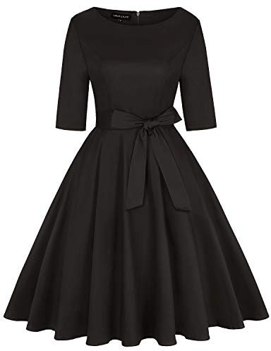 MINTLIMIT Women 50s 60s Vintage 3/4 Sleeve Swing Rockabilly Ball Party Dress with Belt and Pockets(Solid Black,Size L)
