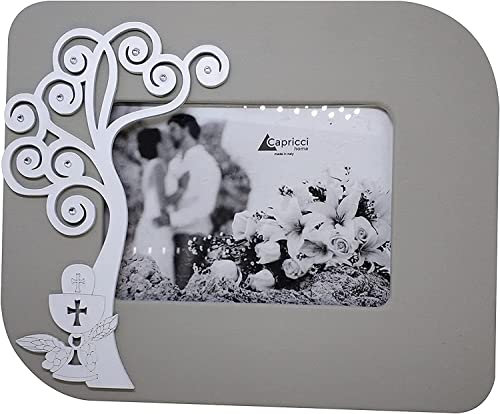 oggettando, Portafoto Cornice da Tavolo in Ecopelle Grigio con Applicazione in Legno Bianco Tema Albero - Calice in Scatola da Regalo. Bomboniere, Prima Comunione. Regali utili, Originali. (27x22 cm)