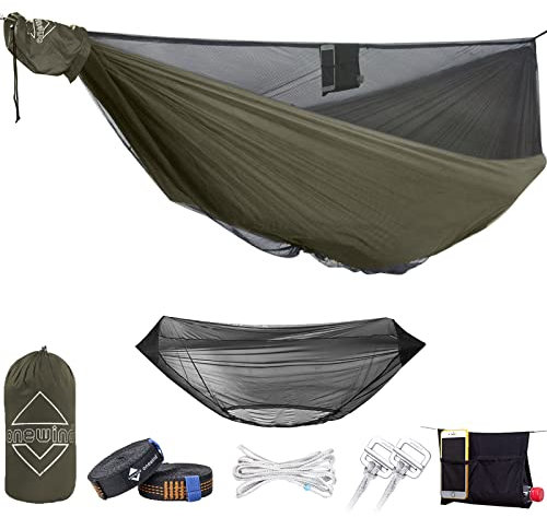 onewind 12Ft Camping Hammock with Mosquito Net, Ridgeline Double Hammock Portable Lightweight Large Hammock Ripstop Nylon Durable with 2 * 12Ft Tree Straps for Camping Hiking Backpacking, OD Green