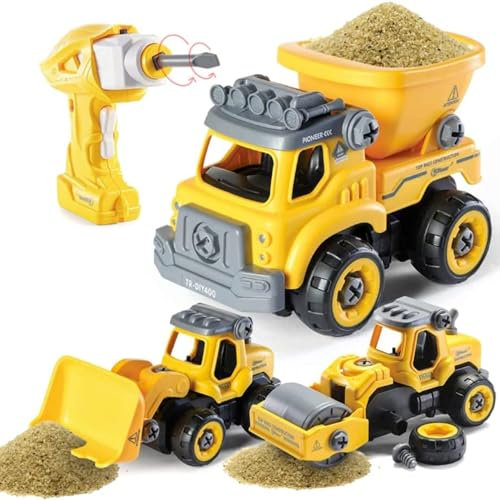 Top Race DIY Ferngesteuerte Fahrzeuge mit Bohrmaschine zum Selberbauen, RC Konstruktion Baustellenfahrzeuge für Kinder ab 3 Jahren, Muldenkipper Frontlader Bagger Walze Set von 3