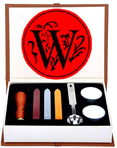 Buchstaben-Wachs-Siegel-Stempel-Set, ANBOSE Alphabet Wachs-Siegel-Stempel-Kit einschließlich 1Pcs Holzgriff Kupfer-Siegel, 3Pcs Wachs-Siegel-Sticks, 1Pcs Schmelzlöffel und 2Pcs weiße Kerzen(W)