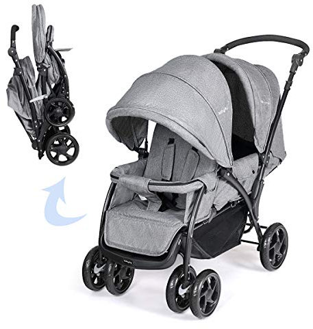 DREAMADE Poussette Double Pliable à 4 Roues avec Freins, Landau pour Bébé avec Ceinture de Sécurité à Cinq Points, Capotes et Pédales Réglables, Charge totale 30kg, Gris