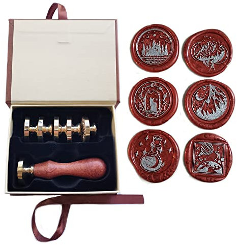 Amtol Wachssiegel-Stempel-Set Sternenhimmel, 6 Wachssiegel-Stempel im Vintage-Stil mit Holzgriff, personalisiert für Briefe, Karten, Einladungen