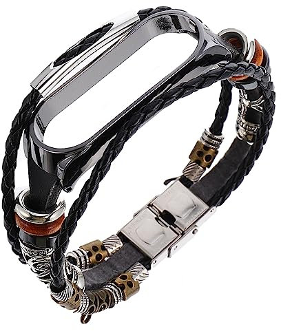 iplusmile Cinturino di ricambio per smartwatch Xiaomi Mi Band 5/5, con cassa nera in pelle nera