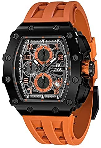TSAR BOMBA Herren Uhr Tonneau Luxus Quadratisch Armbanduhr Herren Saphirglas Japanisches Quarzwerk Silikonband 50M Wasserdicht Chronograph Geschenk für Männer