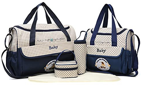ZhuiKun 5er-Set Baby Wickeltasche Babytasche Tasche Mutter Windeltasche Handtasche Schultertasche Flaschenhalter mit wickelunterlage (Marine)
