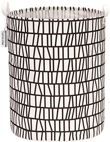 Sea Team 19.7 Inch Large Sized Waterproof Coating Ramie Cotton Fabric Folding Laundry Hamper Bucket Cylindric Burlap Canvas Storage Basket with Stylish Branch Black Design