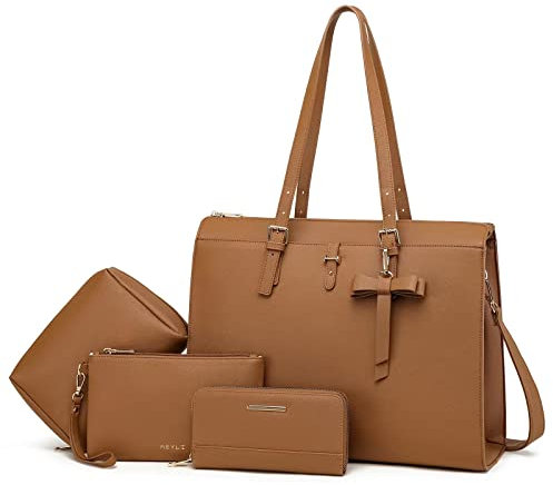 Keyli Sacoche pour ordinateur portable en cuir avec port de charge USB, pour femme, ensemble 4 pièces, marron