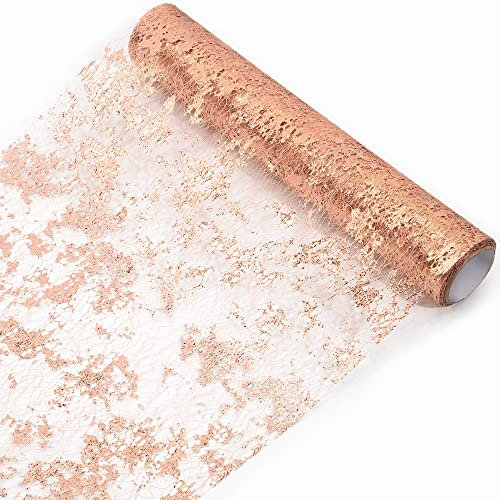 Tischläufer 29 cm x 5 m Polyester Tischband Funkelndes metallisches Roségold Dünn Mesh-Tischläufer Tischdekoration für Hochzeit Taufe Festival Party Geburtstag Weihnachten
