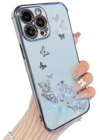 ZTOFERA Case for iPhone 13 Pro Max, Plating Butterfly Pattern Case with Electroplate Golden Edging, Flexible TPU Protective Shockproof Bumper Cover for iPhone 13 Pro Max 6.7 - Sierra Blue
