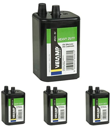Velamp Quadratische Batterie 4R25 Zink Carbon, 6V. Für Taschenlampen, Straßenblinker, Heimwerker Hochresistente ABS-Karosserie, 6 V, 4er Pack