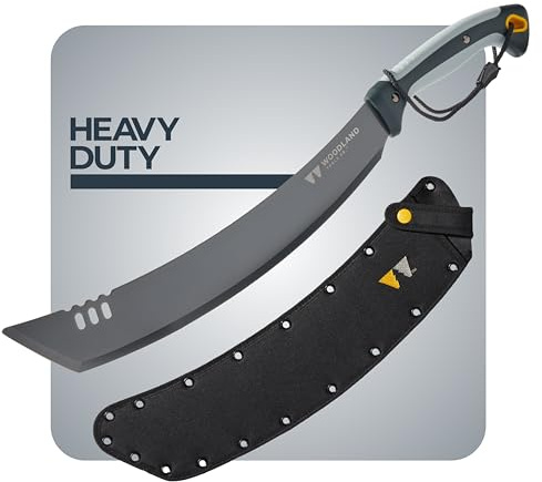 Woodland Tools Heavy Duty Machete – 16 Inch Curved Parang Blade with Full Tang, Ergonomic Handle, and Ballistic Nylon Sheath – Manual Brush Cutter for Thick Vegetation and Trail Clearing