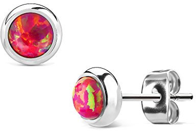 Bungsa Damen Ohrstecker mit einem 6mm Opal-Stein aus 316L Edelstahl (Silber-Rot)