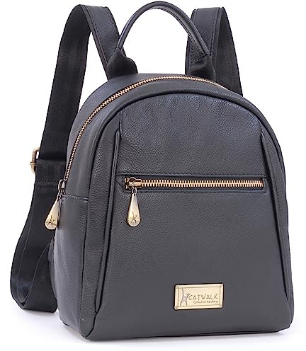Catwalk Collection Handbags - Small Leather Fashion Backpack For Women - Rucksack With Adjustable Shoulder Straps - Multiple Pockets - Zoey - Black