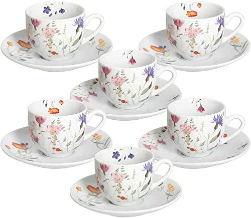 ANDREA FONTEBASSO 1760 Confezione 6 Tazze caffè con Piatto Flora Porcellana Bianco Linea Atollo
