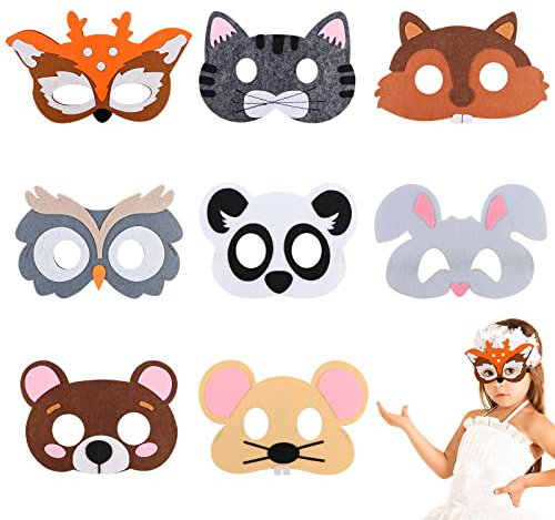 AKONE Tiermasken für Kinder, Filz Tiermaske, Waldtiere Tiermasken, Party Masken mit Elastischer Kordel, Waldtiere Geburtstag Deko, für Kindergeburtstag Maskerade 8 Stück