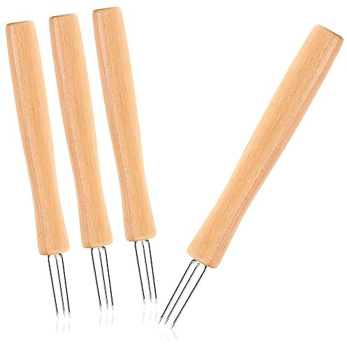 COM-FOUR® 4x Tenedor para papas asadas con 3 puntas, hecho de acero inoxidable 430 y madera de haya, reutilizable, extra grande, brochetas de maíz ergonómicas (04 piezas - madera larga)