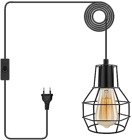 Vintage Hängelampe mit Stecker, Industrie Metall Käfig Pendellampe mit 600cm Kabel, Retro E27 Lampefassung Edison-Stil Schwarz, Plug in Hängeleuchte Kit für Farmhouse Loft Wohnzimmer