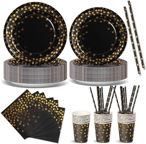 Nkaiso 120 Piezas Oro Negro Vajilla Fiesta Cumpleaños, Platos y Vaso Cumpleaños Infantil, Juego de vajilla Fiestas Platos Desechable Servilletas para Party Decoración Baby Shower -24 Invitado