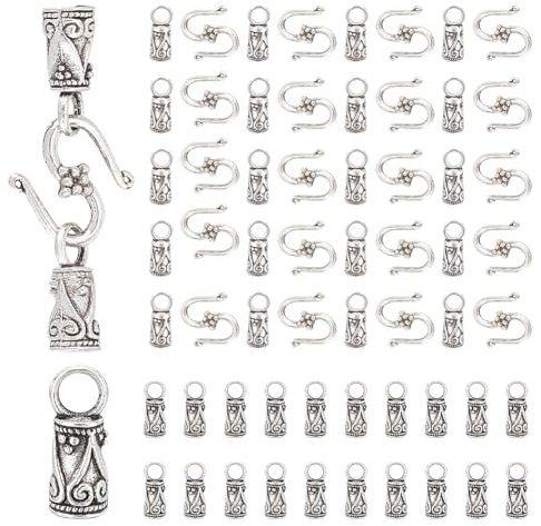 NBEADS 100 Pcs Tibetan Style Cord Ends with 100 Pcs S-Hook Clasps, Antique Silver Glue-in End Tips Metal Leather Tassel End Caps S Jewelry Connectors for DIY Bracelet Jewelry Making