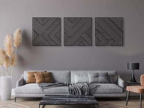 VAILLA ® 3er set Geometrische Wanddekoration aus Holz, Abstraktes wanddeko, Wandbilder Home Dekoration, Große Wand Deko, Bilder für Schlafzimmer, Wohnzimmer (Geometrische 3)