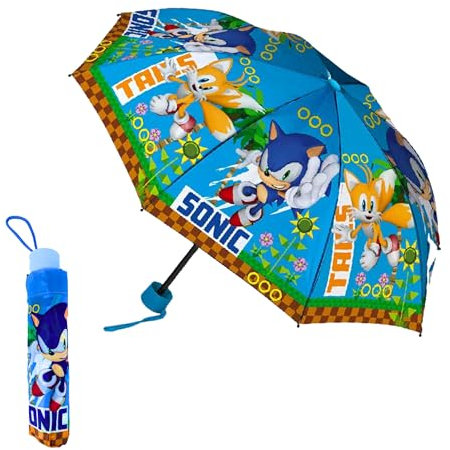 Sonic The Hedgehog Kompakter Faltschirm, Kinderschirm, Struktur mit Hoher Widerstandsfähigkeit, Klassischer Regenschirm im Sonic Design, Kinderschirm