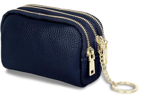 Porte-Monnaie zippé à pièces Bleu Véritable Cuir Porte-Monnaie Femme Portable Mini Porte-Monnaie Trois Fermetures éclair Petit Portefeuille avec de Nombreux Compartiments