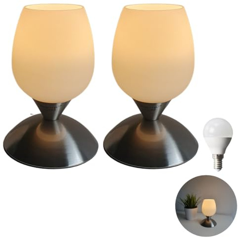 Lichthandel Hoch Nachttischlampe modern LED Tischlampe Tischleuchte Stoffschirm Schlafzimmer, Fensterbank, Wohnzimmer, Arbeitszimmer, Beistelltisch incl. 3W LED (2x Cup Touch)