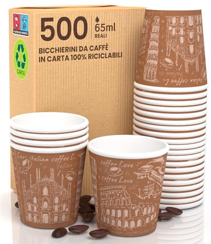 500 Bicchierini in Carta per caffè 65ml Italy Brown Bicchieri Ecologici Biodegradabili Monouso Piccoli Asporto Bevande Calde