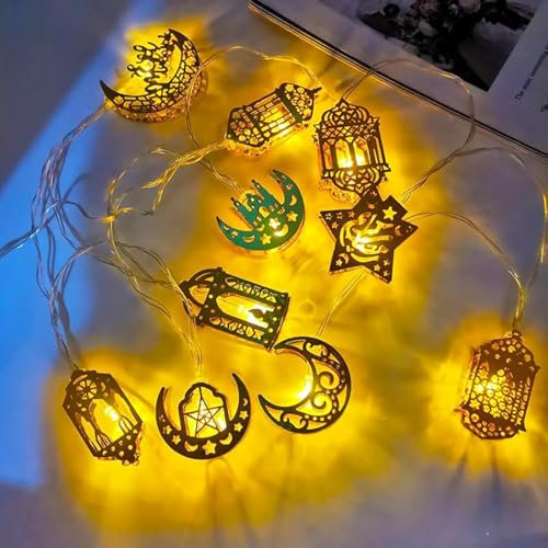 Ramadan Lichterkette, 1.5M 10 LED Lichterkette Innen Batterie Warmweiß Muslim Ramadan Deko, Eid Mubarak Dekoration Ramazan Laterne, Stern Mond Lichterketten für Festival, Party Lichtervorhang, Golden