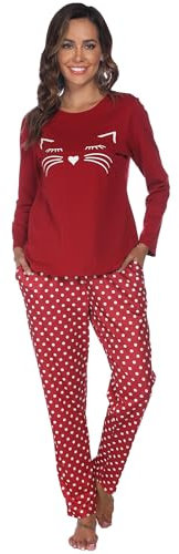 Reliwel Pigiama Donna Cotone Lungo Pigiami da Donna Leggero Set Pigiama Donna Gatto Girocollo Maniche Lunghe e Pantaloni Morbido Due Pezzi Casa Casual con Tasche