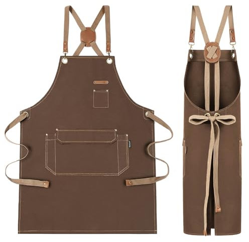 Genixart Men's Adjustable Work Apron with Pockets - Heavy-Duty Canvas Apron for Grilling, Gardening, Kitchen Cooking - Cross-back Cotton Aprons for Barista, Restaurant Server, Workshop (1, Brown)