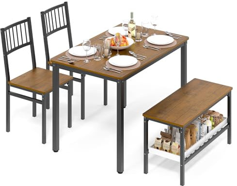 Ulifance Esstisch, Küchentisch-Set, 110 x 70 x 75 cm, mit 2 Stühlen und Einer Bank, Metallgestell, 4-teiliges Set für Küche, Esszimmer, Wohnzimmer, Teak
