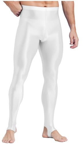 TTAO Herren Steigbügel Strumpfhose Leggings Sexy Glänzend Glatte Strumpfhose Blickdicht Stretch Sport Kompression Hose Tanzstrumpfhosen Weiß L