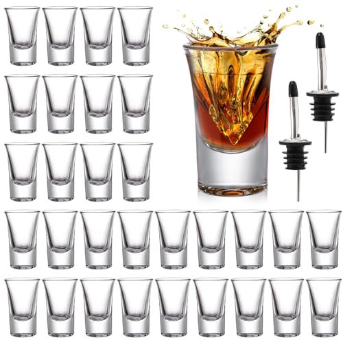 Tebery 30 Pack 35ml Shot Glass Bulk Heavy Base, 1.2oz Tequila Glass Set with 2 Bottle Pourer, Clear Small Whiskey Shot Glass Cups for Vodka, Liquors, Cocktail, Espressos, Bar