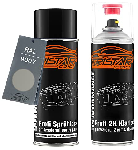 RAL 9007 Graualuminium Metallic Lack Spraydose + 2K-Klarlack seidenmatt | Set aus Basislack + 2K-Klarlack, Sprühdosen 400 ml, schnelltrocknend